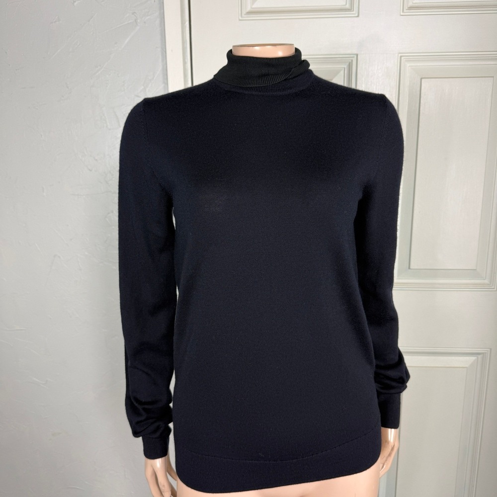 Toteme Women's Sweater S Two Tone Turtleneck Knit Navy Wool Designer Silk AA27